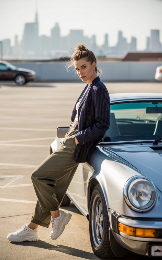 Full-body shot of a white-skinned female model with messy bun, in a navy pinstripe blazer, olive cargo trousers, and chunky sneakers. Setting rooftop parking lot with city skyline. Golden hour light. She’s leaning casually against a car, smirking slightly. Smart yet laid-back.