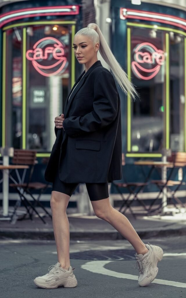 Full-body shot of a white-skinned female model with sleek high ponytail, wearing an oversized black blazer, black bike shorts, and chunky white sneakers. She’s striding down a trendy urban street, neon café signs blurred in the background. Natural daylight. Confident expression, hands in blazer pockets. Editorial, sporty-chic vibe.
