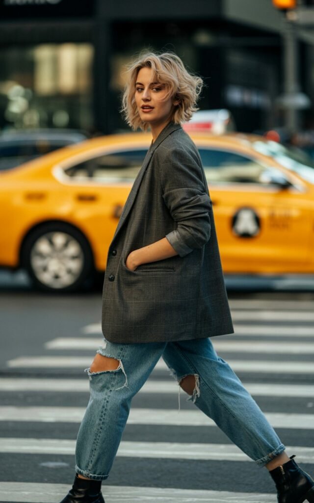 Full-body shot of a white-skinned female model with tousled blonde hair, in an oversized plaid blazer, ripped boyfriend jeans, and ankle boots. Setting city crosswalk with blurred yellow taxi in the background. Natural afternoon light. She’s mid-step, candid street style feel.
