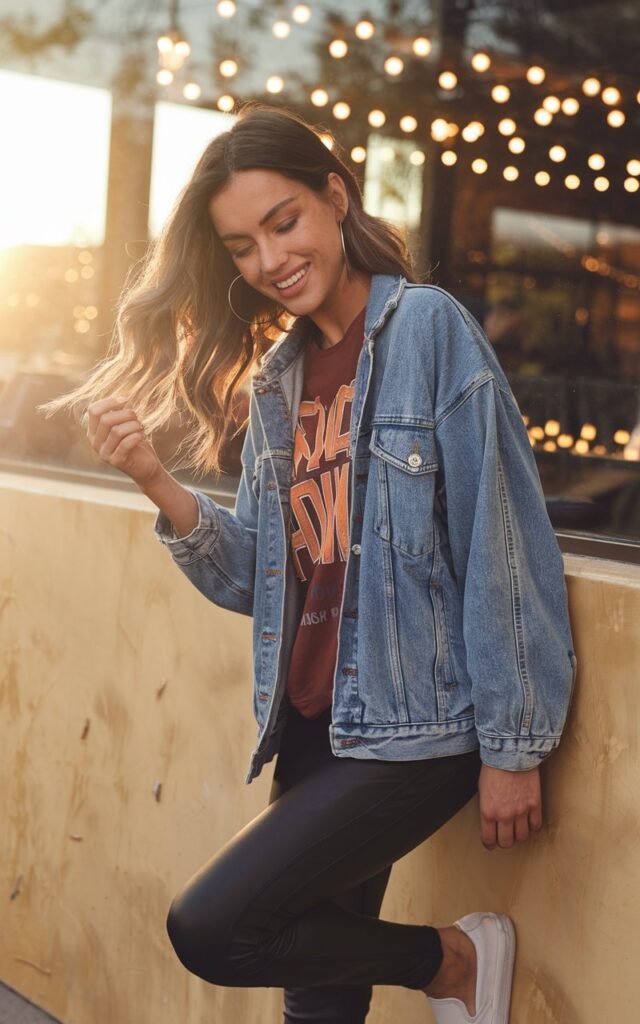 Full-body shot of the model leaning against a café wall with warm string lights in the background. Golden hour light creates a soft glow around her. She’s wearing a faded blue denim jacket, a bold graphic tee tucked into sleek black leggings, and white slip-on sneakers. Her hair is in loose waves, and she accessorizes with hoop earrings and a simple bracelet. She looks casually playful, tilting her head slightly with a bright smile.