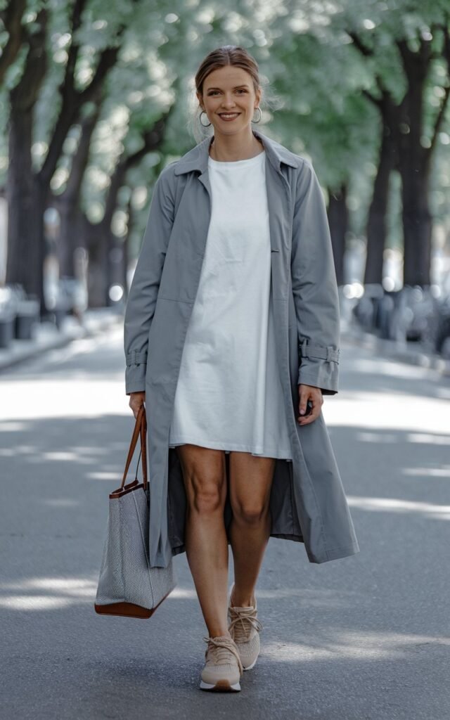 Full-body shot on a tree-lined street with soft afternoon light filtering through leaves. The model wears a soft grey trench coat open over a white cotton tee dress and beige sneakers. A structured tote bag and silver hoop earrings complete the ensemble. Her hair is pulled back loosely with strands framing her face. She walks with a confident stride, smiling warmly at the camera.