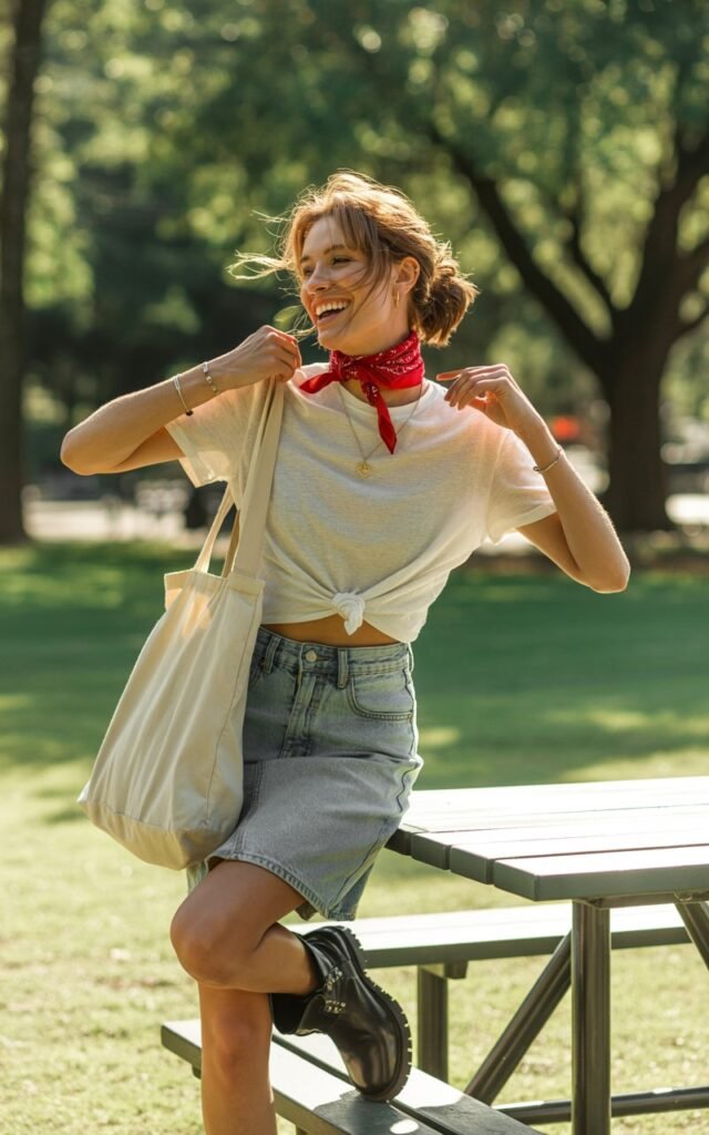 Full-body shot outdoors at a park picnic area with soft, warm light. The model wears a light blue denim skirt paired with a tucked-in white tee, a red patterned bandana tied around her neck, and black chunky boots. A canvas tote and subtle jewelry complete the look. Her hair is loose with natural texture. She stands playfully with one hand adjusting the bandana and a bright smile.