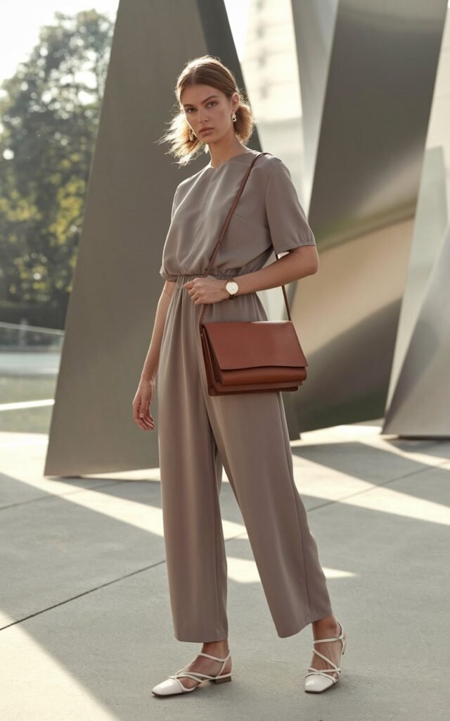 Full-body shot outdoors near a modern sculpture garden with soft daylight. The model wears a taupe neutral jumpsuit cinched at the waist, paired with white strappy flats and a sleek brown leather crossbody bag. Simple stud earrings and a delicate watch add refined touches. Her hair is pulled back into a low ponytail with natural texture. She stands confidently, holding the bag strap with one hand, looking directly into the lens.