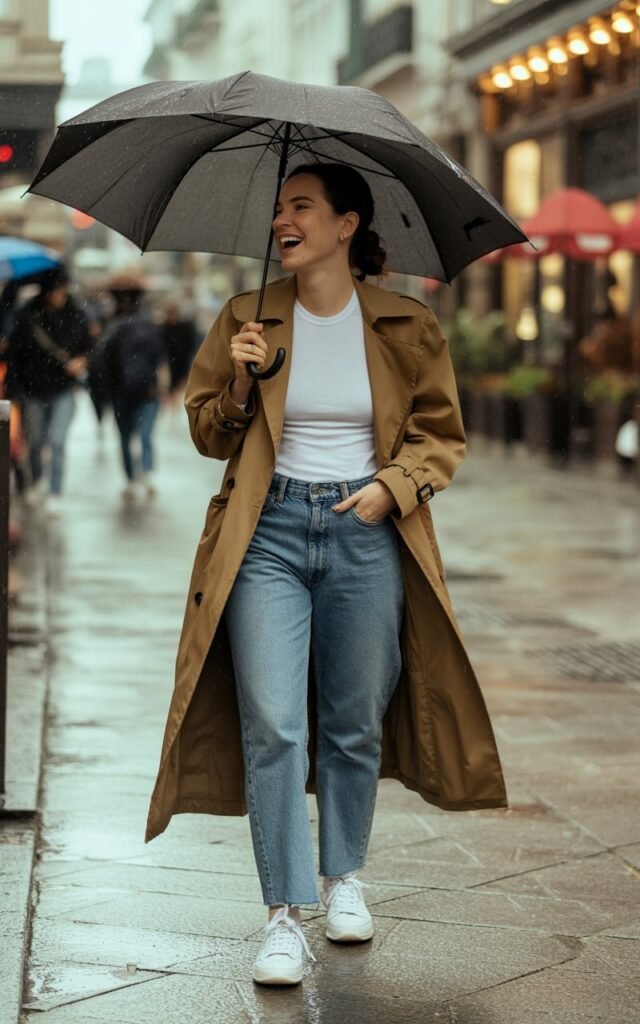 Full-body street photo in drizzly weather. A white-skinned model walks holding an umbrella, wearing a camel trench coat over straight-leg denim and a tucked-in tee. Sneakers keep it casual. Her hair is tied in a messy bun. Soft overcast lighting and wet cobblestones create a cinematic vibe as she walks casually, laughing at something unseen.
