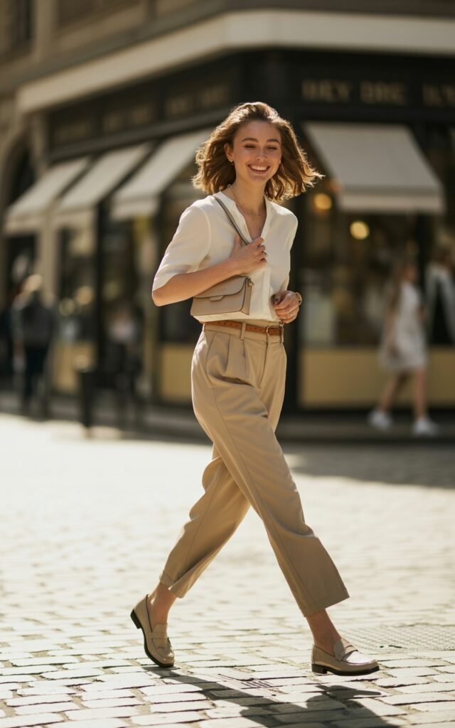 Full-body street style capture in soft daylight. Model wears beige high-rise trousers with a tucked-in crisp white blouse. Neutral loafers complete the look. A slim belt and crossbody bag add subtle polish. She stands mid-stride, candid smile caught naturally.