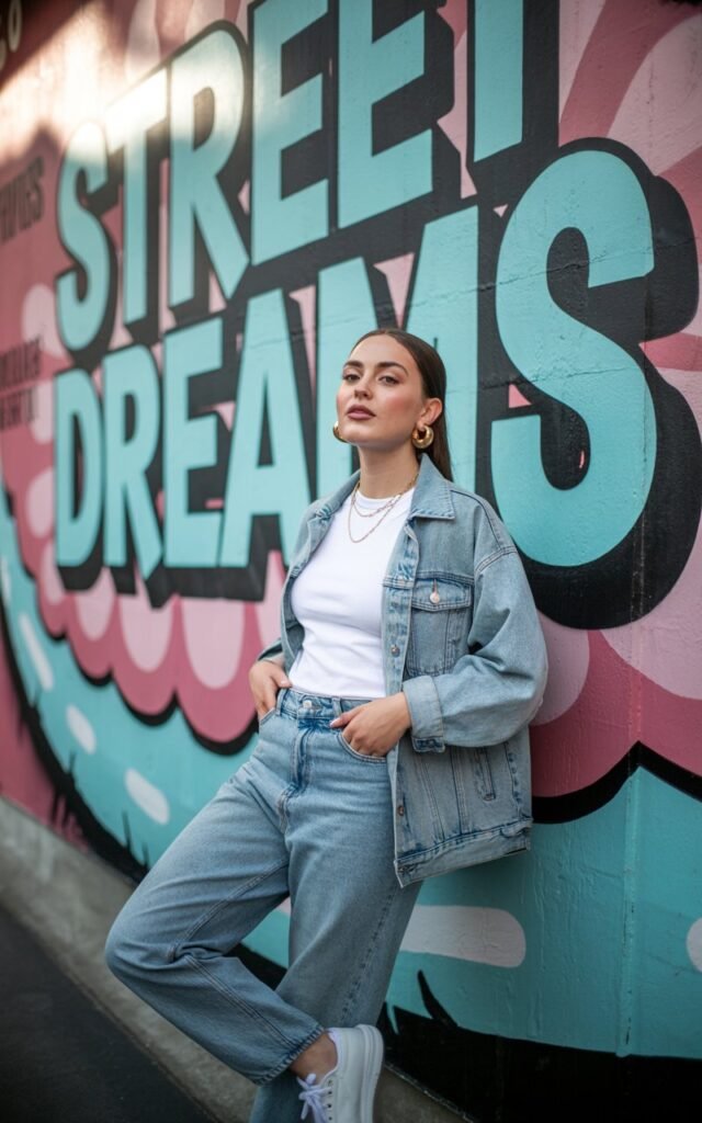 Full-body streetwear editorial shot at an urban wall mural. Model wears a light-wash denim jacket with matching high-rise jeans and a white tee underneath. Gold layered necklaces and chunky hoops add glam. She pairs with white sneakers. Golden-hour light highlights the denim texture as she leans back against the wall, one hand in her pocket, looking effortlessly cool.