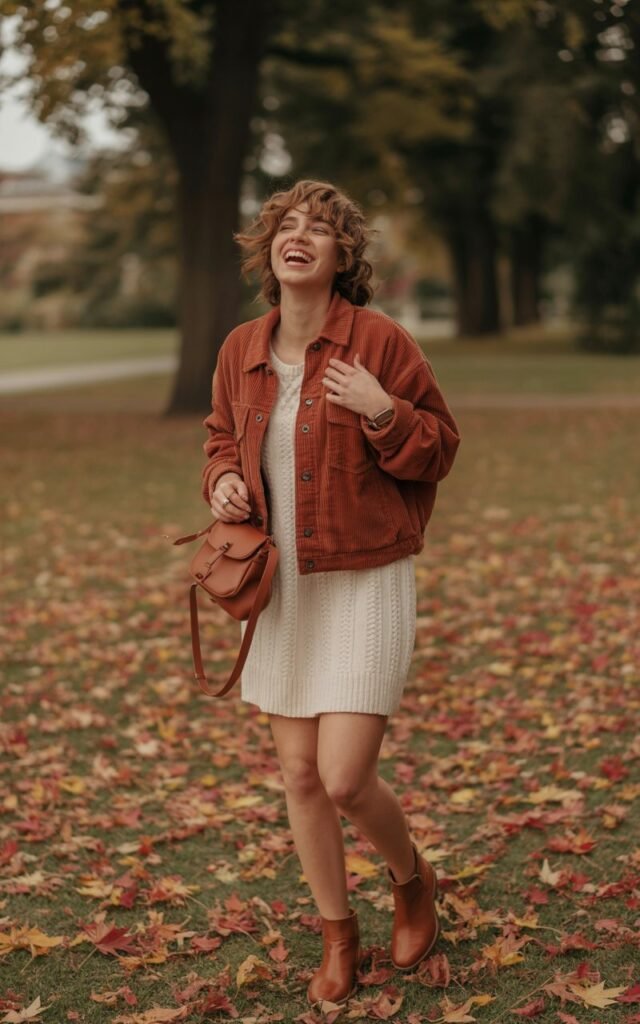 Full-body view in a park setting. Model wears a rust corduroy jacket over a cream knit mini dress with brown ankle boots. Fallen leaves scattered around. Natural soft light. Hair in relaxed curls, holding a small leather satchel. Playful, mid-laugh expression.