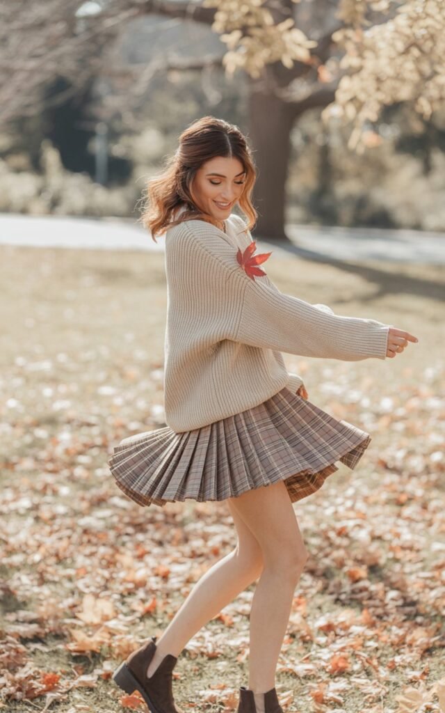 Full-body view in a park with fallen autumn leaves, natural daylight. She wears an oversized chunky knit sweater tucked slightly into a plaid pleated mini skirt with ankle boots. Her hair is half-up, half-down with soft waves. She twirls playfully, skirt flowing.