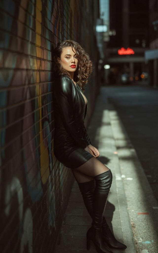 Full-body view in an urban alley at night with graffiti. Model in a black faux leather mini dress, thigh-high boots, and bold red lipstick. Hair styled in big loose curls. Lighting dramatic side lighting. Pose leaning on a wall with one hand, confident smirk.