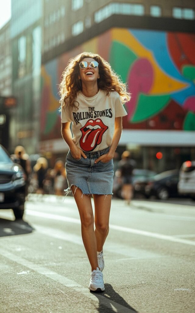 Full-body view of a model on a lively city street, soft golden hour lighting. She wears a vintage band graphic tee tucked into a frayed denim mini skirt with chunky white sneakers. Her hair is in loose waves, sunglasses perched on her head. She’s laughing, one hand in her skirt pocket, looking candid.
