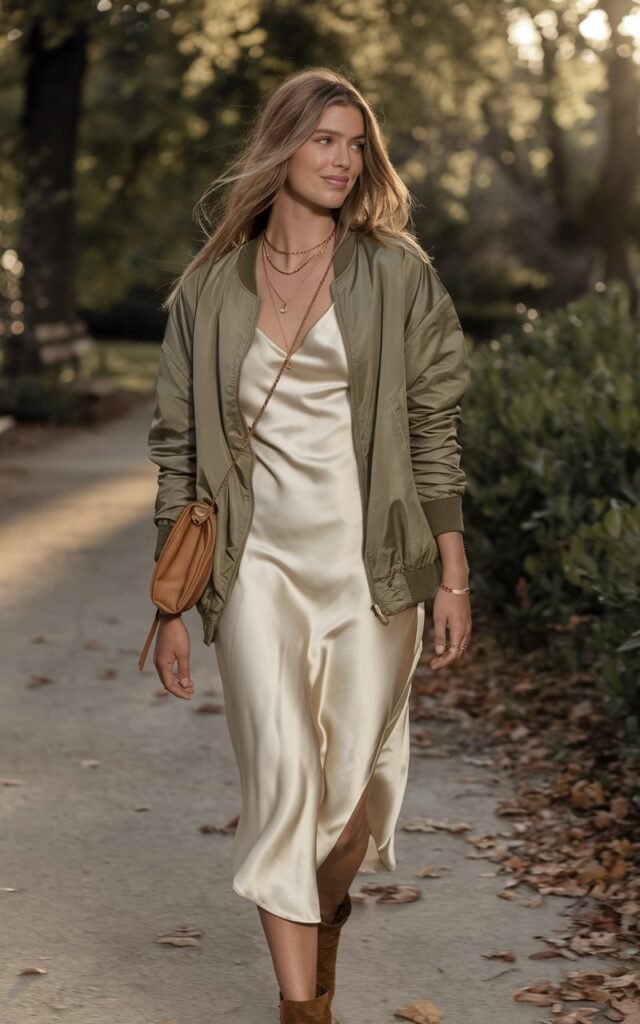 Full-body view of the model walking through a leafy park path bathed in golden hour light. She wears a lightweight olive bomber jacket over a silky cream slip dress that grazes her knees, paired with brown suede ankle boots. Accessories include layered gold necklaces and a soft leather crossbody bag. Her hair flows loose, catching the sunlight, and she glances over her shoulder with a soft, inviting smile.