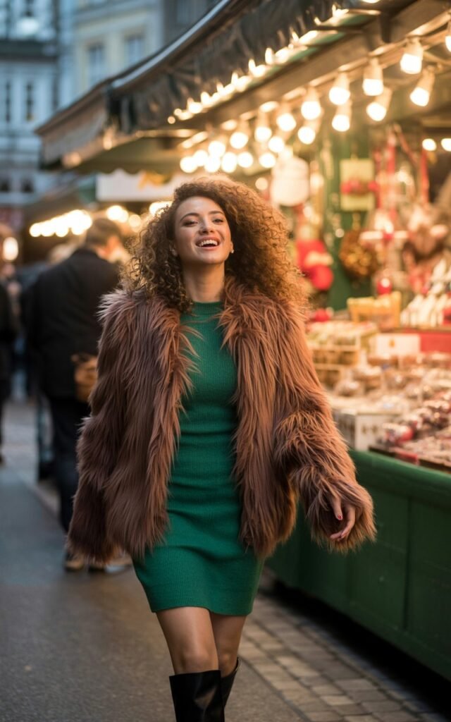 Holiday market backdrop. Model in a dramatic faux fur coat over a fitted sweater dress with knee boots. Warm string lights glowing in the background. Hair curled glamorously. Pose strolling through market, joyful smile.