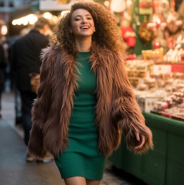 Holiday market backdrop. Model in a dramatic faux fur coat over a fitted sweater dress with knee boots. Warm string lights glowing in the background. Hair curled glamorously. Pose strolling through market, joyful smile.