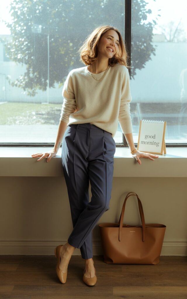 Indoor full-body lifestyle photo by a window with soft daylight. Model wears a cream cashmere sweater tucked into slim-fit navy trousers with tan flats. Minimal gold jewelry and a leather tote complete the look. Hair in soft natural waves. She’s leaning casually against the window frame, smiling warmly.