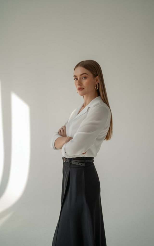 Indoor minimalist studio shot with natural window light. A fit brunette with sleek straight hair stands in a crisp tucked white button-up and tailored black maxi skirt, styled with a thin black belt and gold hoops. She’s crossing her arms with a subtle confident smile.