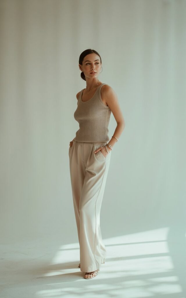 Indoor studio space with soft white light. She wears a fitted knit beige tank tucked into flowy cream wide-leg pants, with strappy sandals. Hair in a polished bun, minimal jewelry. She’s standing tall, hands in pockets, elegant pose.