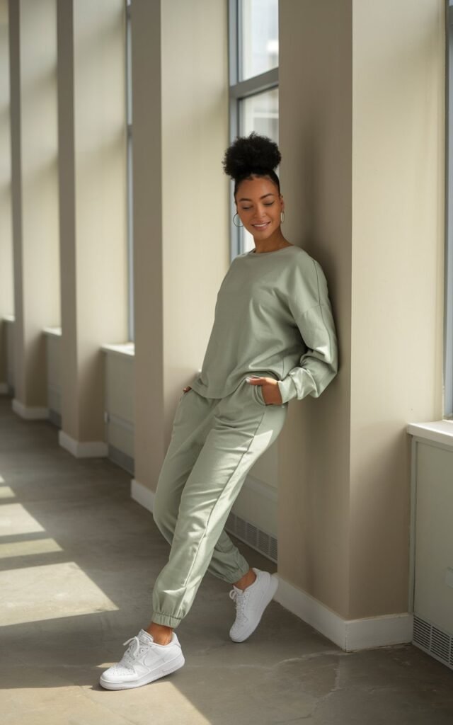 Minimalist indoor studio scene with natural light from tall windows. Model wears a sage green jogger set with white sneakers, simple hoop earrings, and hair in a high ponytail. Casual pose, leaning against the wall, hands in pockets, relaxed smile.
