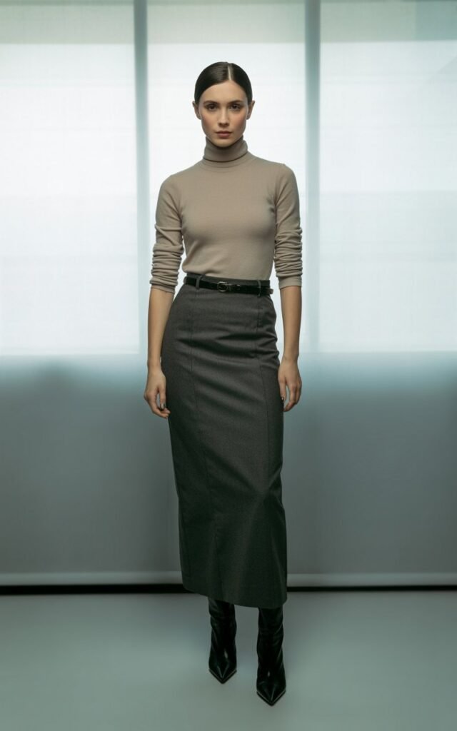 Minimalist office-style studio. A tall model with straight dark hair wears a charcoal fitted maxi skirt with a beige turtleneck tucked in, styled with pointed black boots and a thin belt. She stands tall with arms by her side, serious expression, soft window light highlighting sharp lines.