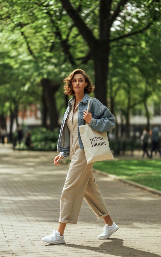 Model in a beige cotton jumpsuit layered with a light-wash oversized denim jacket, styled with white sneakers. She’s walking in a green park, sunlight filtering through trees. A canvas tote bag hangs off her shoulder. Her hair is styled naturally with soft waves, expression casual and approachable.