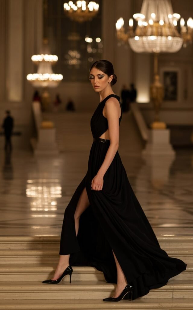 Model in a black floor-length gown with side cutouts, paired with stiletto heels. Dramatic ballroom setting with chandeliers, dim golden light. Hair styled in an elegant updo, bold eyeliner. Pose: walking gracefully down marble stairs, holding the gown slightly, serene and regal.