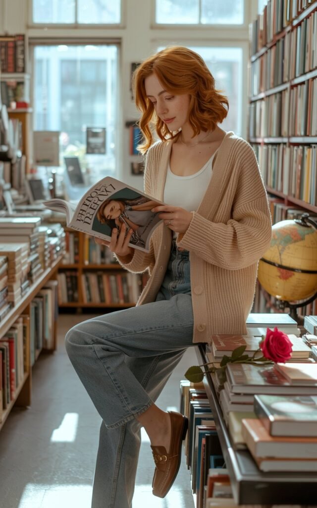 Model in a chunky cream cardigan layered over a simple tank, straight-leg blue jeans, and brown leather loafers. She’s standing in a bookstore, flipping through a magazine. Soft indoor window light highlights her hair, styled in loose waves. Her pose is relaxed, giving an elegant yet cozy feel.