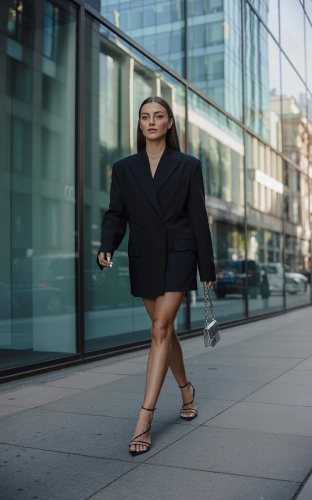 Model in a cropped tailored blazer with a matching mini skirt and strappy heels. Street-style shot in front of a modern glass building during daylight. Hair straight and sleek, small handbag in hand. Pose: walking forward mid-step, smirking at the camera with cool confidence.
