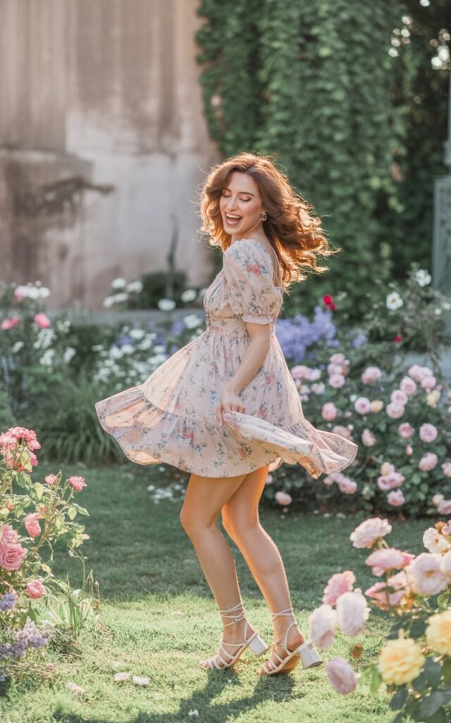 Model in a pastel floral babydoll dress with strappy sandals. Outdoor garden setting with blooming flowers, natural daylight. Hair styled in soft curls, fresh blush makeup. Pose twirling playfully, laughing candidly, dress flowing with motion.