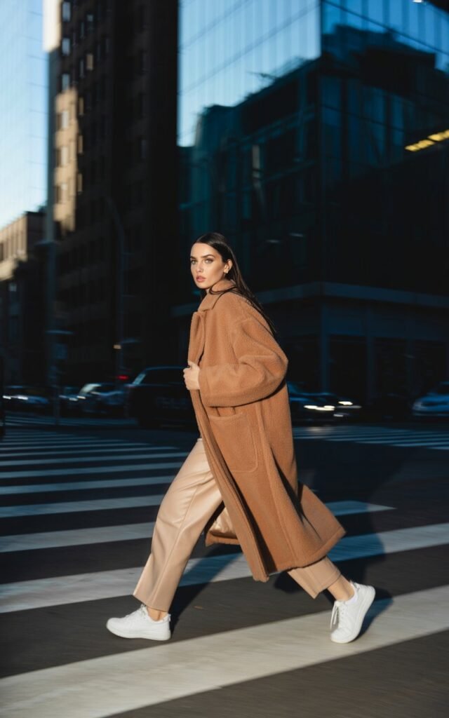 Model in an oversized camel teddy coat with beige straight-leg pants and sneakers. City crosswalk setting. Early morning light reflecting off glass buildings. Hair styled sleek and middle-parted. Pose walking briskly, looking over shoulder.