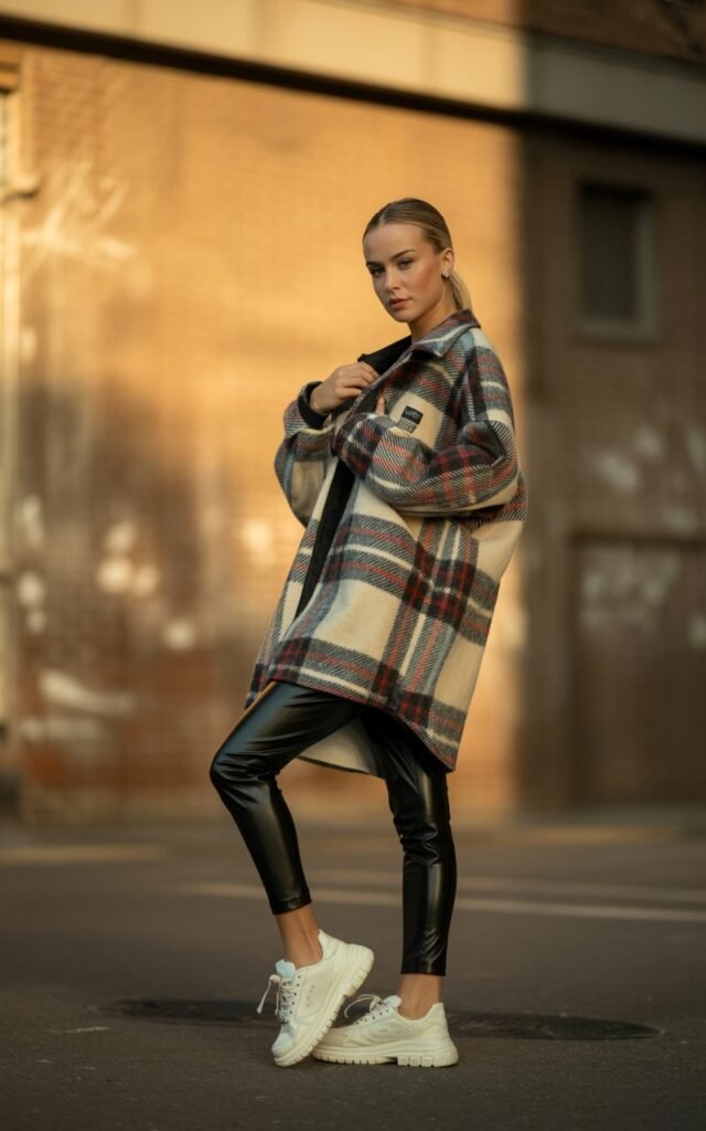 Model in an oversized plaid shacket layered over a black top, paired with shiny faux leather leggings and chunky white sneakers. Street-style setting with a brick wall backdrop. Golden hour glow adds warmth. Hair in a sleek ponytail, expression confident, one hand adjusting her jacket.