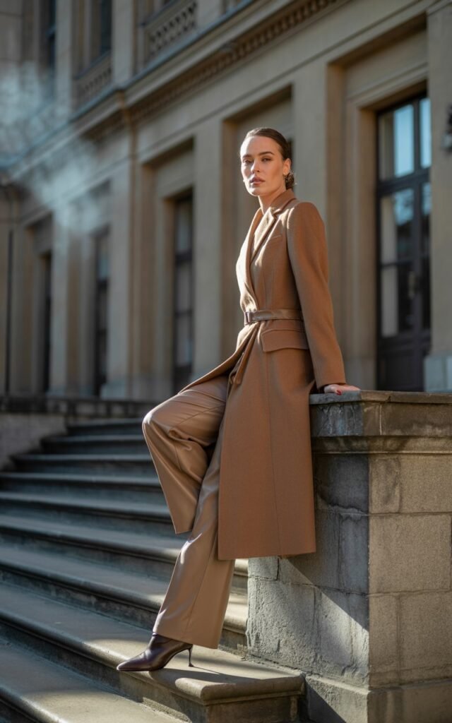 Model on stone steps outside a classic building. She wears a camel belted coat cinched neatly, wide-leg trousers flowing, and pointed-toe boots. Early morning crisp light. Hair in a sleek low bun. Elegant, upright pose with confident expression.