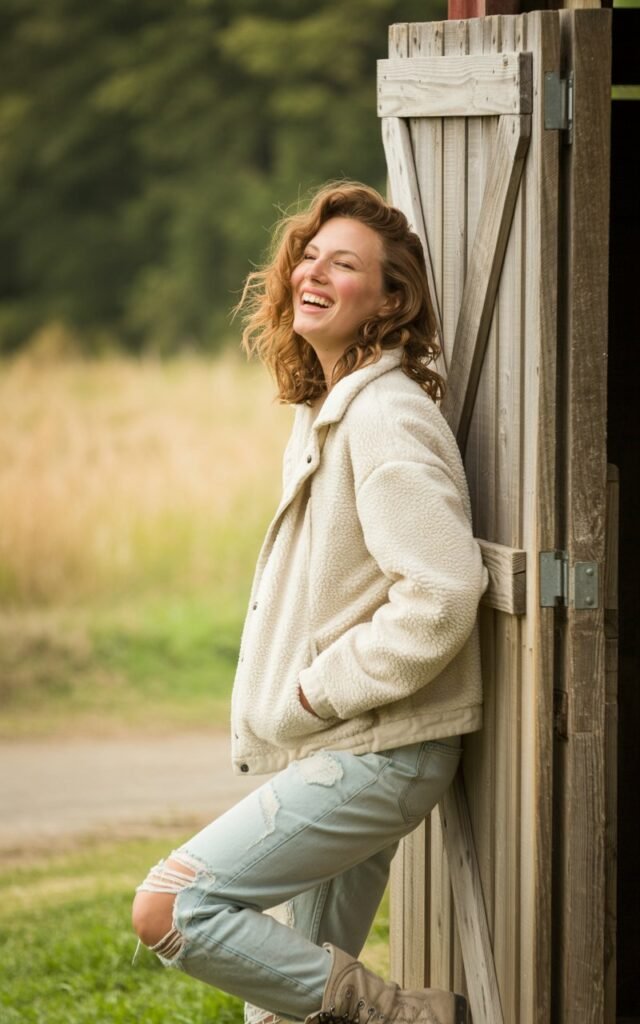 Model outside a rustic barn door, wearing a cream sherpa jacket, light-wash distressed jeans, and lace-up boots. Afternoon sunlight casting warm tones. Hair natural, tousled waves. Candid laugh, leaning casually against wooden frame.