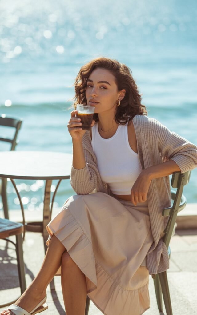 Model seated outdoors at a coastal café, wearing a light knit cardigan over a white crop top and flowy pastel midi skirt with flat sandals. Golden hour light reflects off the ocean. Hair styled in loose curls, natural glow makeup. She sips iced coffee while looking off playfully.
