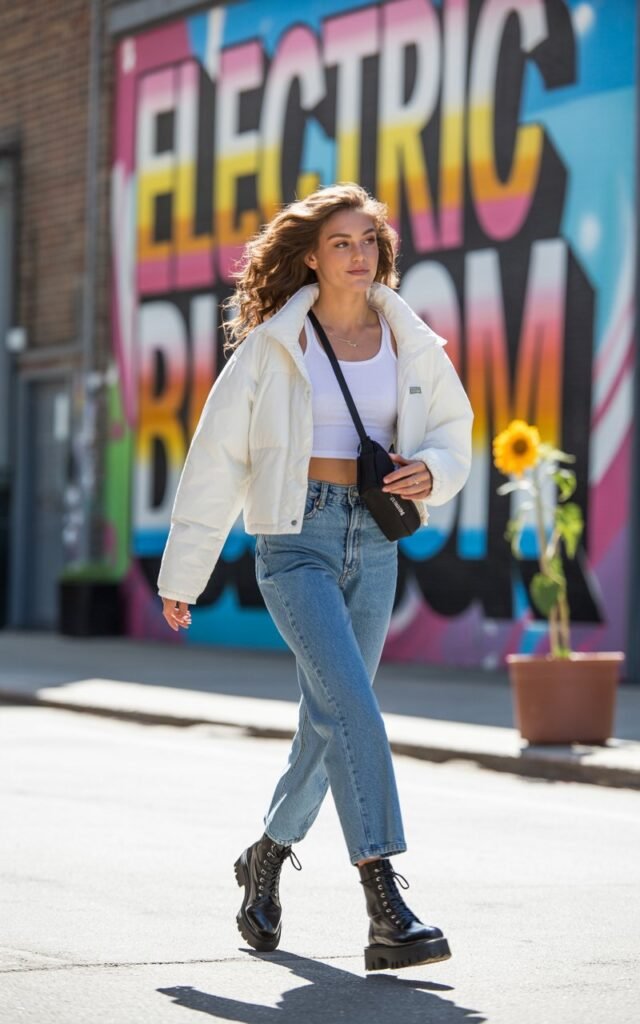 Model standing against an urban mural wall, wearing a cropped white puffer jacket, high-waisted straight-leg jeans, and chunky lace-up boots. Bright daylight. Hair in loose curls, crossbody bag slung casually. Confident, candid mid-walk pose.