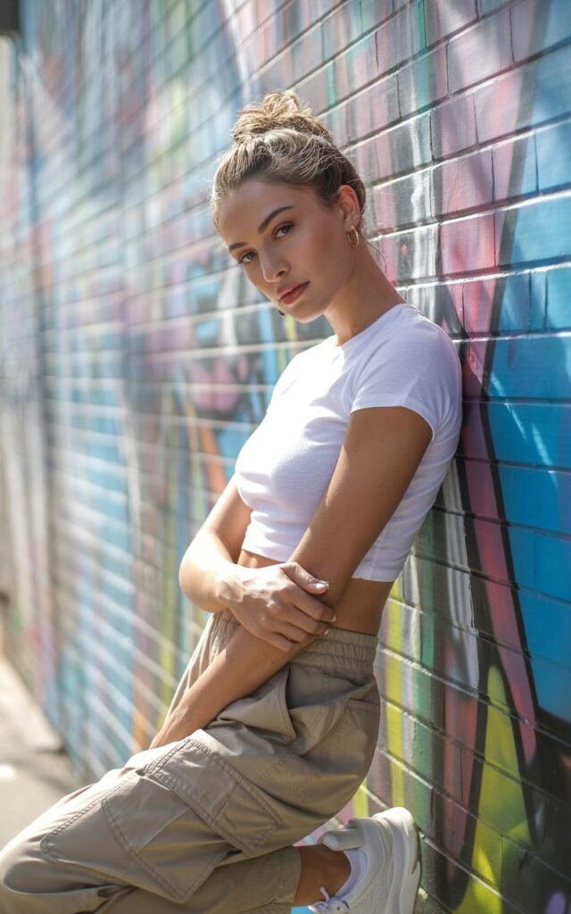 Model wearing a cropped white baby tee with khaki cargo pants and chunky white sneakers. Shot on a graffiti-covered street wall in daylight. Hair in a messy bun, natural makeup. Pose leaning casually against the wall, arms crossed, looking effortlessly cool.