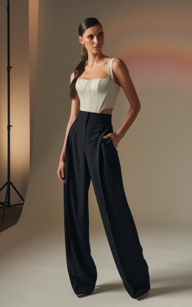 Model wearing a structured white corset top with high-waisted black wide-leg trousers and sleek stilettos. Studio background with soft indoor lighting and a neutral beige wall. Hair pulled back into a sleek ponytail, minimal gold jewelry. Pose standing tall, one hand in pocket, sharp and powerful expression.