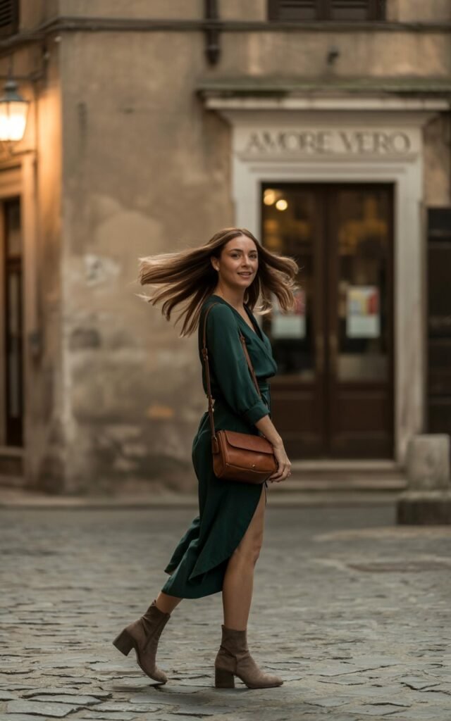 Model with flowing brunette hair, in a deep green wrap dress, suede ankle boots, and leather crossbody. Shot in a cobblestone old town, warm evening light. She’s standing mid-turn, hair catching the breeze.