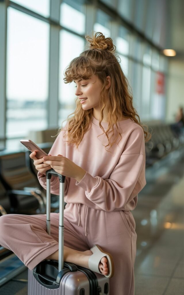 Model with natural strawberry-blonde waves, in a pastel pink sweat set and white slides, messy bun hairstyle. Full-body shot at an airport lounge, soft indoor window light. She’s seated on her suitcase, scrolling her phone with a relaxed smile.