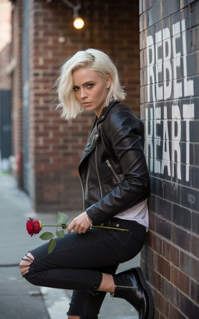 Model with platinum blonde bob, in a fitted moto jacket, ripped black jeans, and Chelsea boots. Shot against an urban brick alley, moody daylight shadows. She’s leaning against the wall with fierce, confident expression.