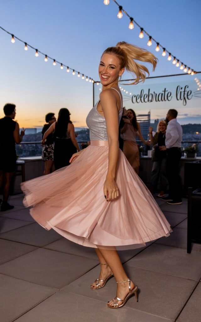 Model with sandy blonde hair in a high ponytail, wearing a blush pink tulle midi skirt paired with a fitted silver sparkly bodysuit and strappy sandals. Rooftop party setting at sunset with string lights. She’s twirling playfully, skirt flowing mid-motion, expression joyful.