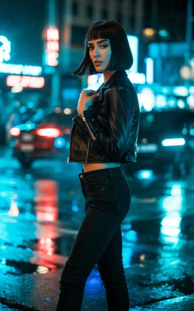 Model with sleek black bob haircut, wearing a cropped black leather jacket, fitted skinny jeans, and ankle boots. Shot in a dimly lit city street at night with neon lights. She’s walking confidently, holding her jacket collar with attitude.