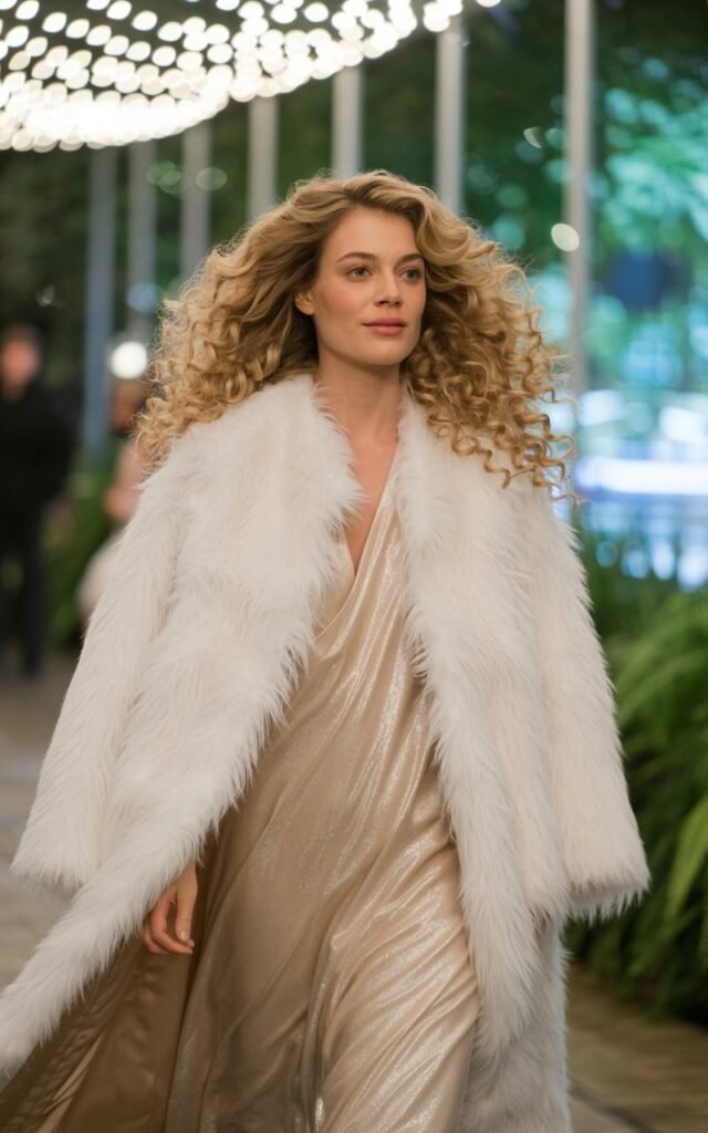 Model with voluminous blonde curls, wearing a white faux fur coat draped over a champagne shimmery gown. Evening outdoor setting under fairy lights. She’s walking forward gracefully, coat flowing, elegant smile.