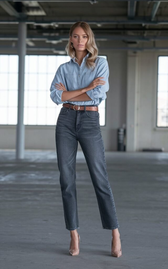Modern warehouse backdrop. Model in a light-wash denim shirt tucked into darker high-waisted jeans, cinched with a sleek leather belt. Nude pumps, hair styled in loose waves. Bright daylight. She stands arms crossed, expression sharp yet approachable.