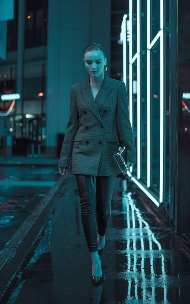 Moody urban street at night. Model wears a tailored gray double-breasted blazer over black leather leggings, pointed heels, and a structured clutch. Hair slicked back, glowing skin. Neon reflections on the wet pavement. She strides forward, powerful and commanding.