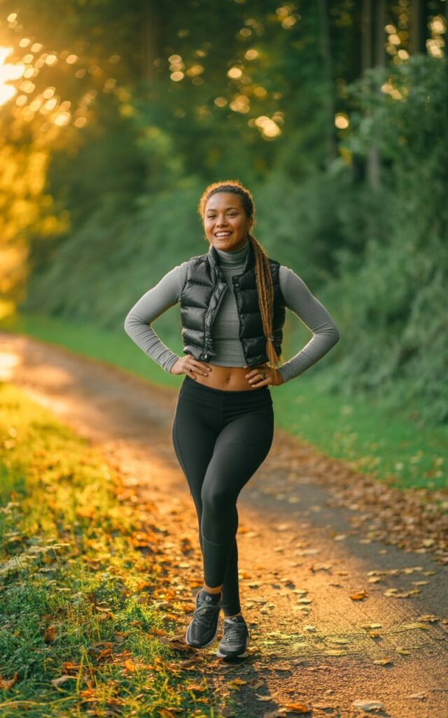 Nature trail backdrop with the model in a cropped black puffer vest, fitted gray turtleneck, black leggings, and sporty trainers. Golden hour lighting filtering through trees. Hair in a braided ponytail. Pose standing with hands on hips, active, upbeat vibe.
