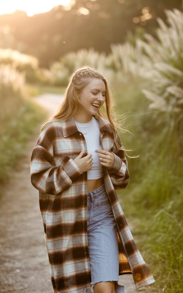 Nature trail with tall grass, golden hour light. She wears an oversized plaid overshirt layered over a white crop top, high-rise jeans, and sneakers. Hair is braided loosely. She’s laughing, hands pulling the overshirt closed against a breeze.