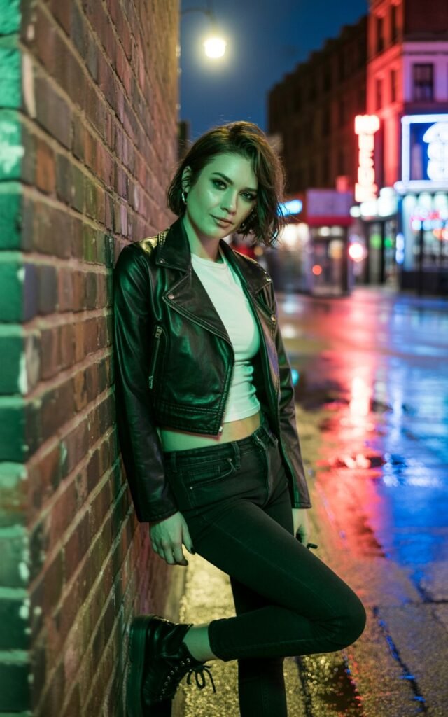Night street scene with neon lights. Model in a cropped black moto jacket over a fitted white tee, paired with black skinny jeans and combat boots. Smokey makeup, tousled hair. She leans against a brick wall, intense gaze, confident and fierce.