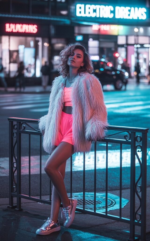 Night street shot with neon signs glowing in the background. Model wears neon pink matching crop top and shorts set layered under a shaggy white faux fur jacket, paired with metallic sneakers. She leans casually on a railing, hair in tousled curls, subtle glossy lips. A mix of luxe and edgy rave style.