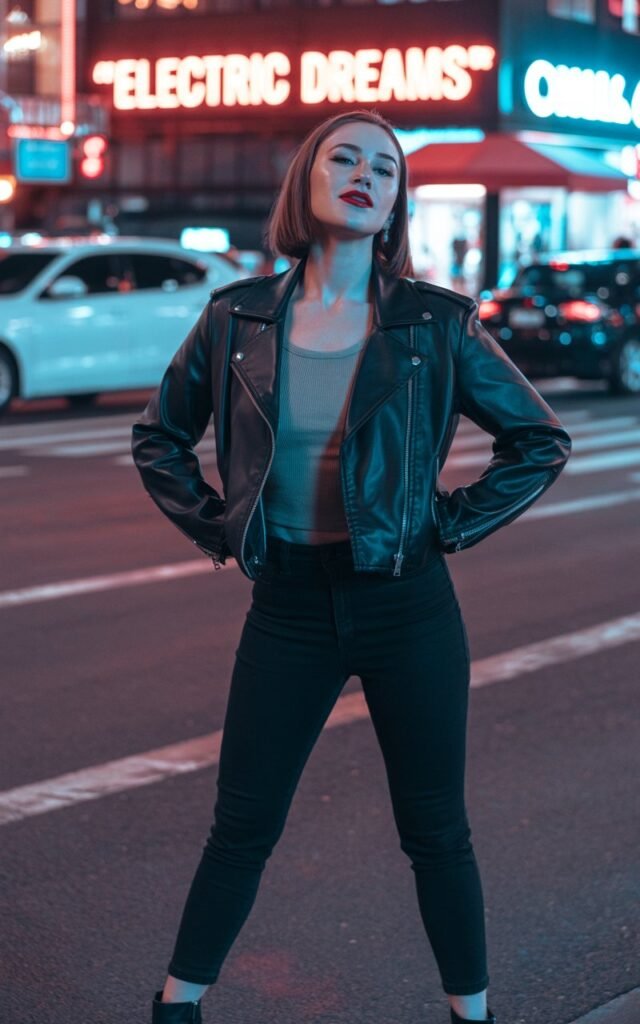 Nighttime city street with neon lights. She wears a black faux leather biker jacket over a fitted tank, black skinny jeans, and heeled ankle boots. Hair sleek and straight, closed mouth light smile with red lipstick bold. She’s standing confidently under a glowing sign, hands on hips.