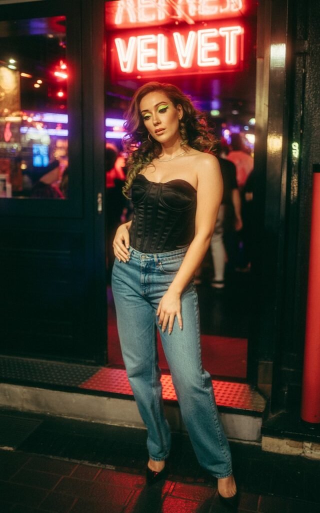 Nighttime club entrance with moody lighting. She wears a structured black corset top with medium-wash straight-leg jeans and pointed heels. Hair in glamorous loose curls, makeup bold with winged eyeliner. She’s standing confidently with one hand on her hip.