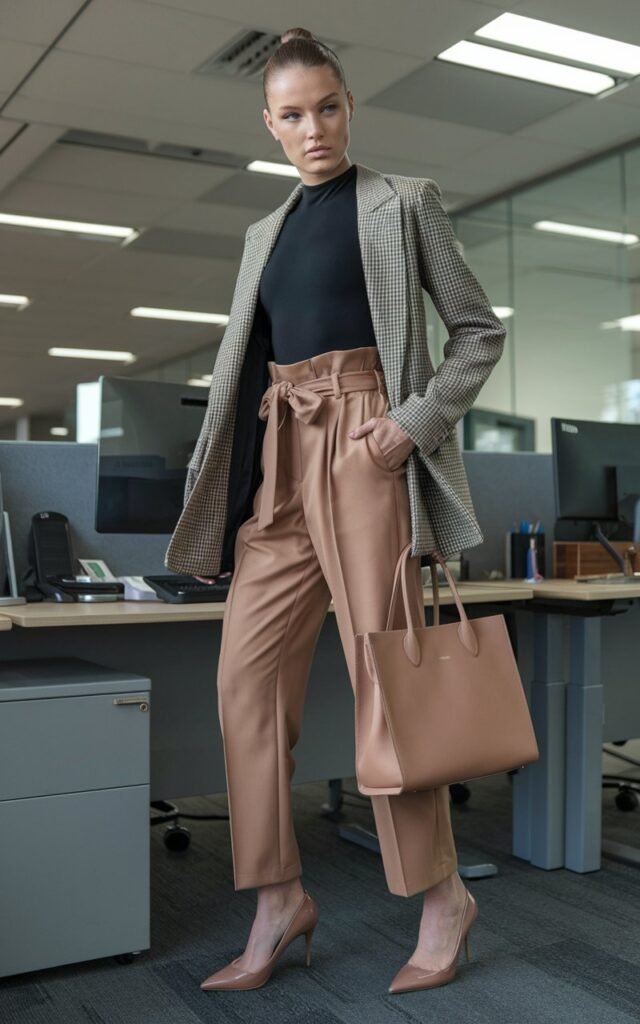 Office-inspired setting. Model in a black fitted bodysuit tucked into tan paperbag-waist trousers, nude pumps, and a structured tote. Hair slicked back into a bun. Natural daylight streaming in. She stands tall beside a desk, confident and sleek.